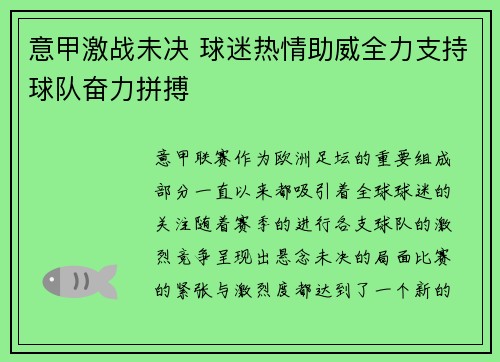 意甲激战未决 球迷热情助威全力支持球队奋力拼搏