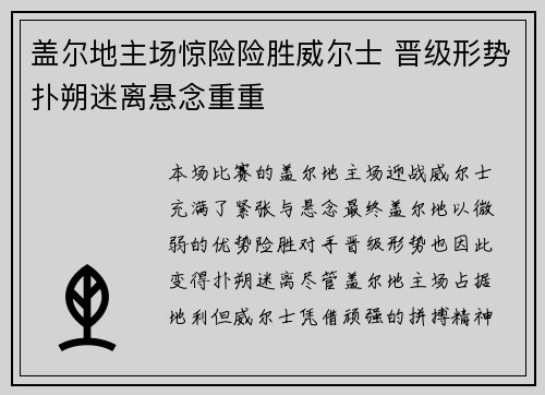 盖尔地主场惊险险胜威尔士 晋级形势扑朔迷离悬念重重