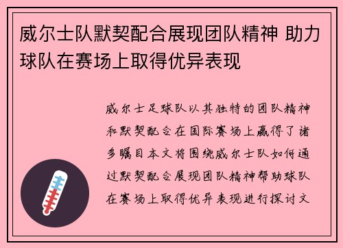 威尔士队默契配合展现团队精神 助力球队在赛场上取得优异表现
