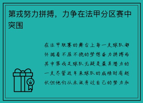 第戎努力拼搏，力争在法甲分区赛中突围
