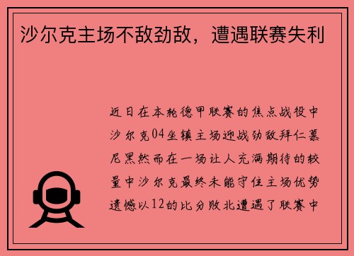 沙尔克主场不敌劲敌，遭遇联赛失利