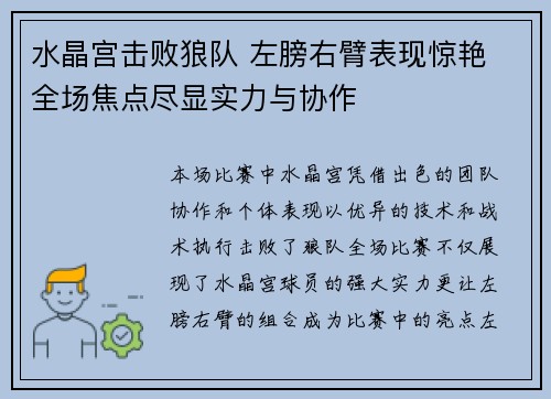 水晶宫击败狼队 左膀右臂表现惊艳 全场焦点尽显实力与协作