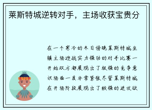 莱斯特城逆转对手，主场收获宝贵分