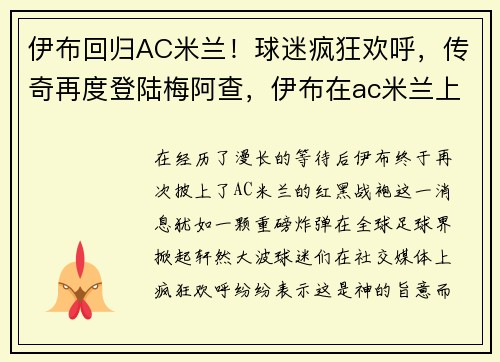 伊布回归AC米兰！球迷疯狂欢呼，传奇再度登陆梅阿查，伊布在ac米兰上场吗