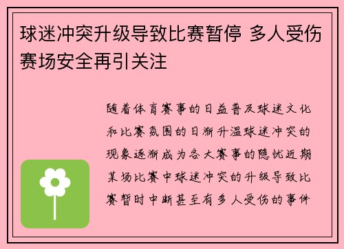 球迷冲突升级导致比赛暂停 多人受伤赛场安全再引关注