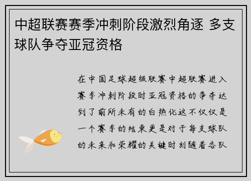 中超联赛赛季冲刺阶段激烈角逐 多支球队争夺亚冠资格